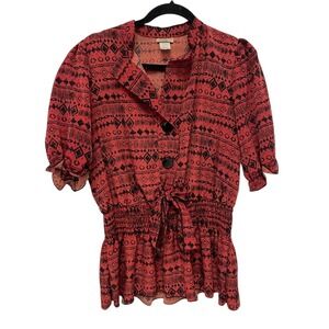 Janette Plus Red Geometric Button Front Peplum Blouse Womens 1XL Short Sleeve